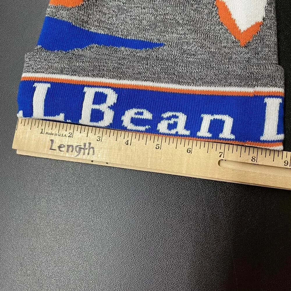 L.L.Bean Mountain Katahdin Scene Pom Beanie Hat Blue Orange Gray Winter Ski